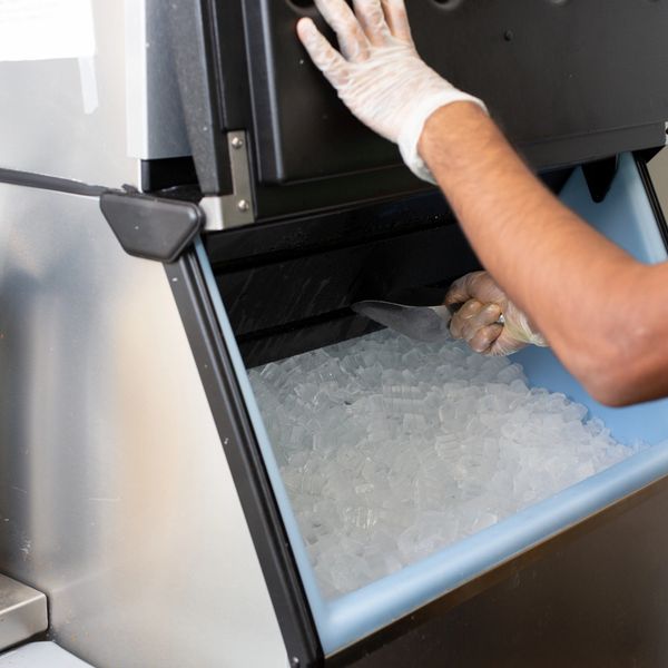 Person scooping ice from an ice machine wearing gloves.