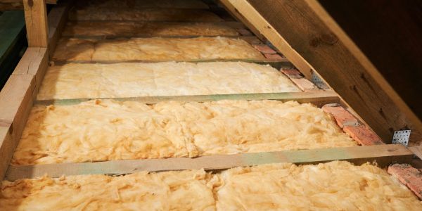 Fiberglass insulation in an attic space between wooden beams.