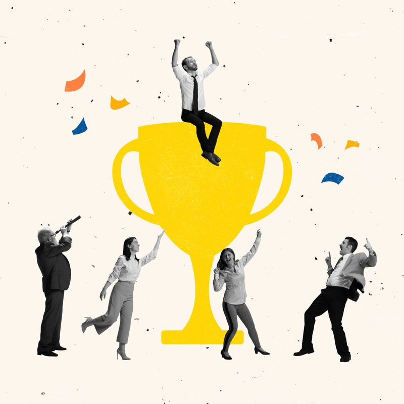 Creative design, contemporary art collage of group of people celebrating victory, dancing around gold cup trophy symbol. Concept of win, competition, achievement, happiness, support. Copy space for ad