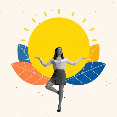 Woman posing with vibrant sun and leaf illustration.