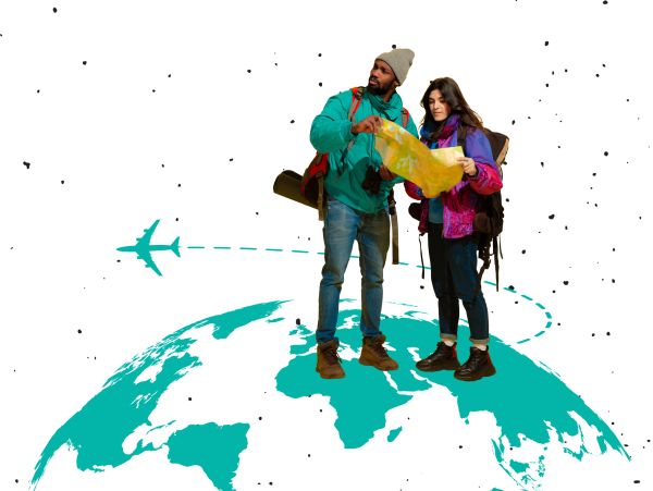 Two travelers looking at a map on a stylized globe.