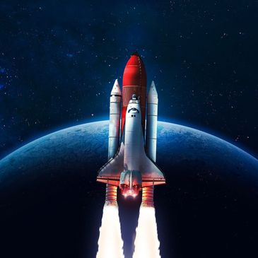 Space shuttle launching into orbit with Earth in the background.