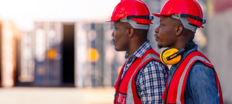 Engineers specializing in container yard management are standing on outdoors. Two African-American container yard workers are planning and discuss the placement of in the container yard.