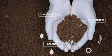 hands with white gloves holding a sample of soil
