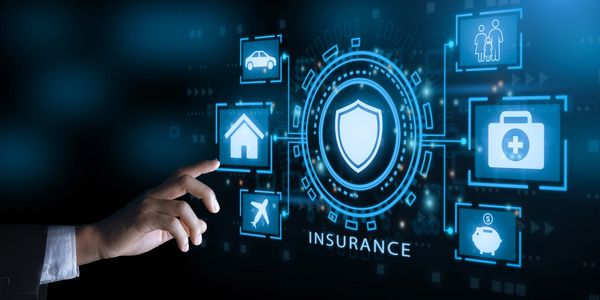 Hand interacting with digital insurance icons representing various coverage types.