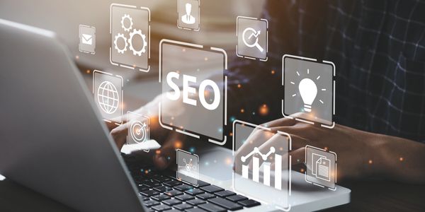 SEO websites for local business. Laptop showing search.