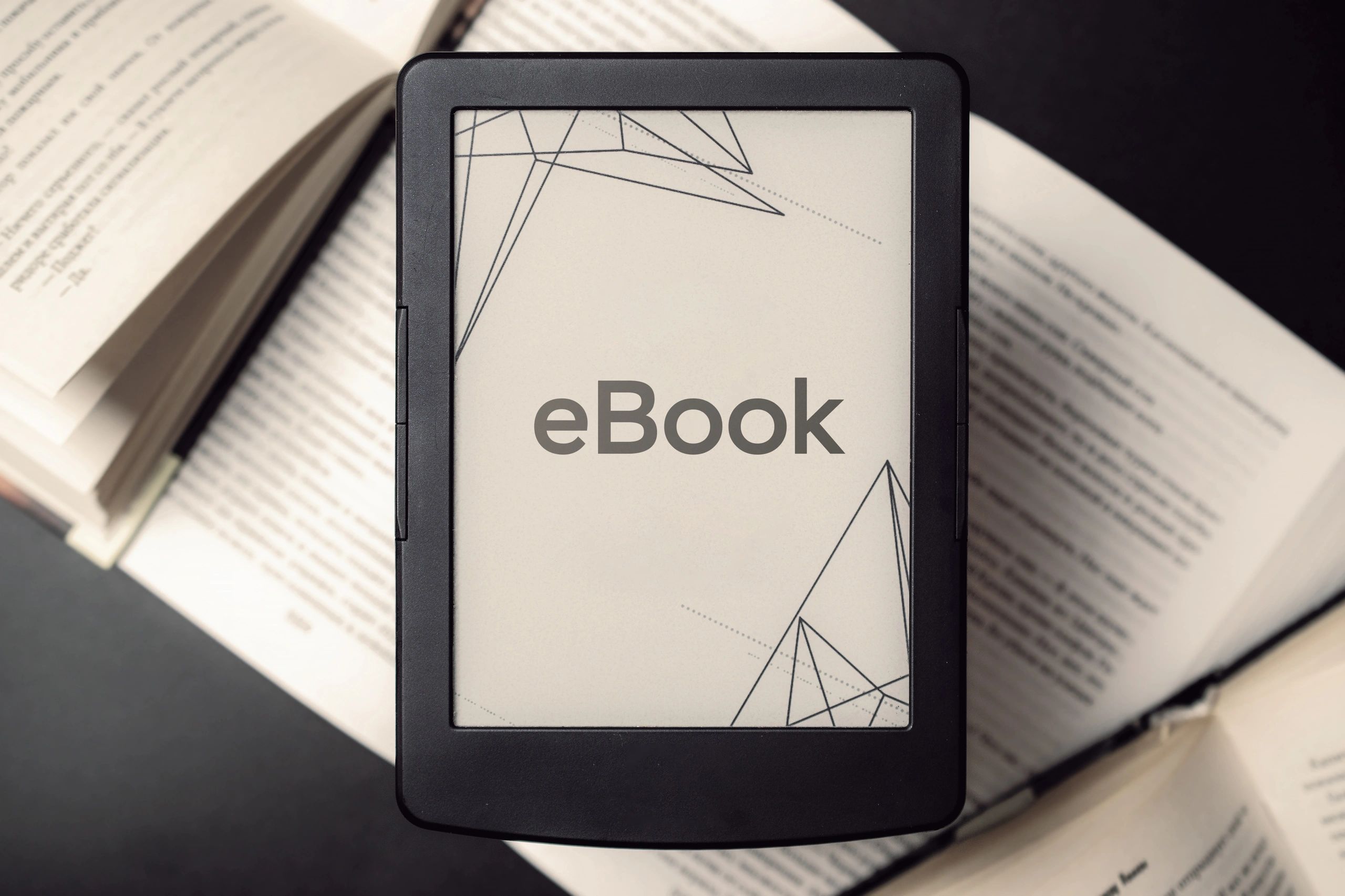 Ebook template. Digital book, library reader tablet with books on dark background. Online learning, home school concept