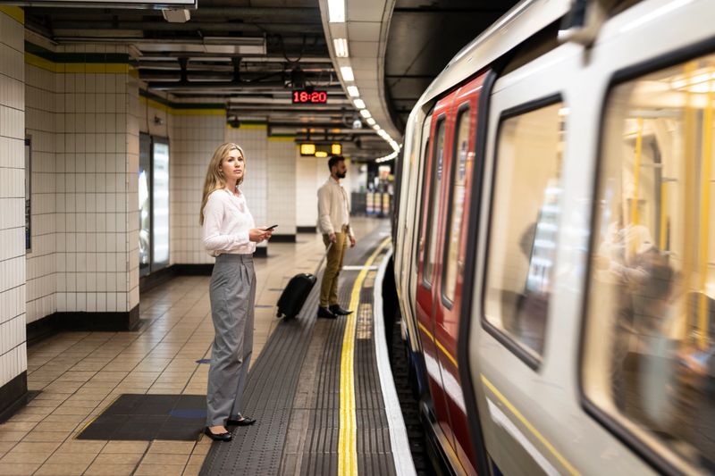 Full length view of mid adult man with wheeled luggage and woman holding smart phone wearing summertime business attire and watching for their trains.