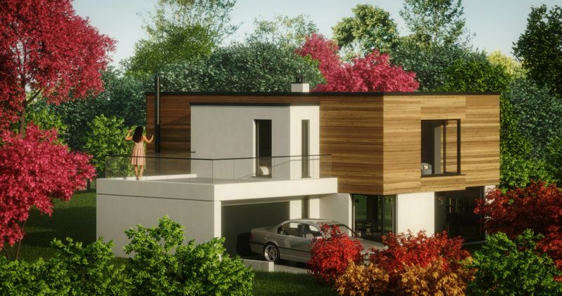 Digitally generated modern and minimalist family house.The scene was created in Autodesk® 3ds Max 2022 with V-Ray 5 and rendered with photorealistic shaders and lighting in Chaos® Vantage with some post-production added.