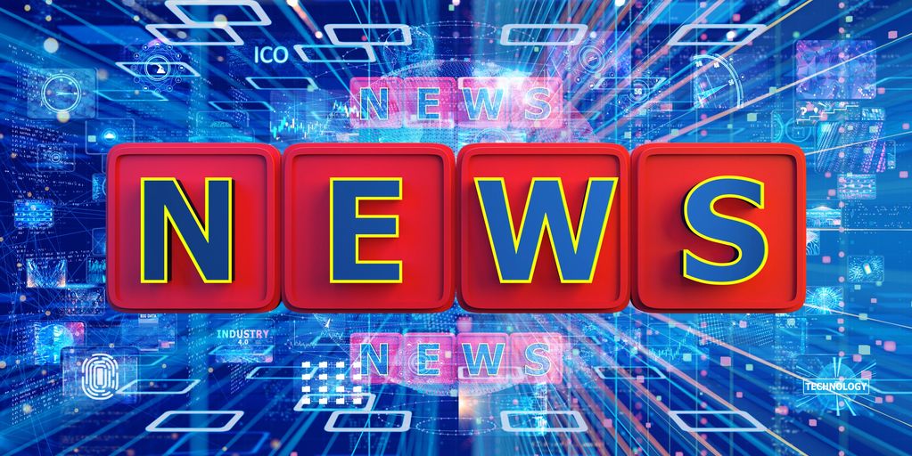 The word NEWS displayed on red blocks with a digital technology background.