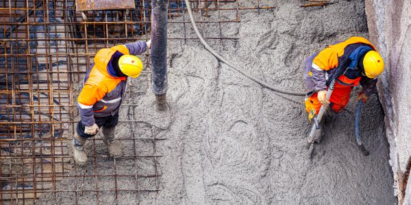 Two workers pouring concrete on rebar at a construction site.