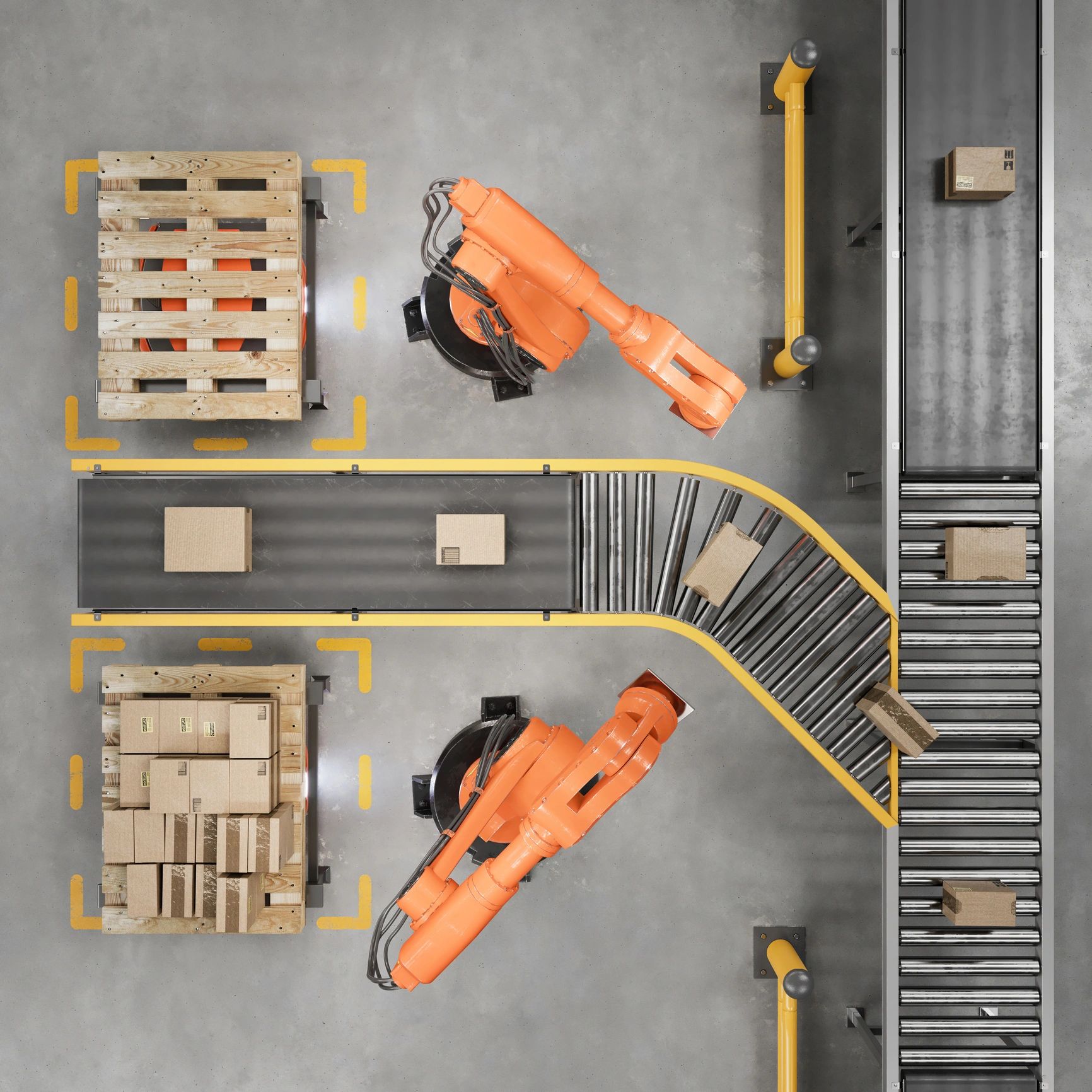 Automated warehouse cross docking with robotic arms moving crates between new pallets and used pallets for custom pallets fulfillment.
