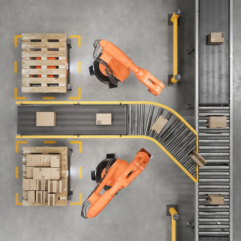 Top view of industrial robots working on a conveyor belt in a smart warehouse. Futuristic distribution warehouse with robotics arms working.