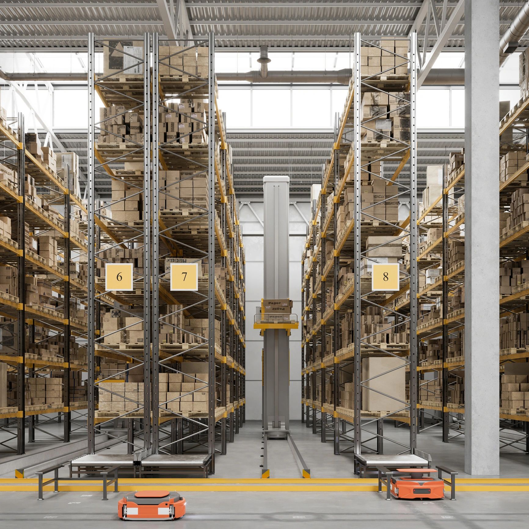 Almacén moderno con robots y estanterías llenas de cajas.