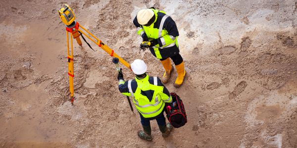 Two construction workers operating surveying equipment on muddy ground.