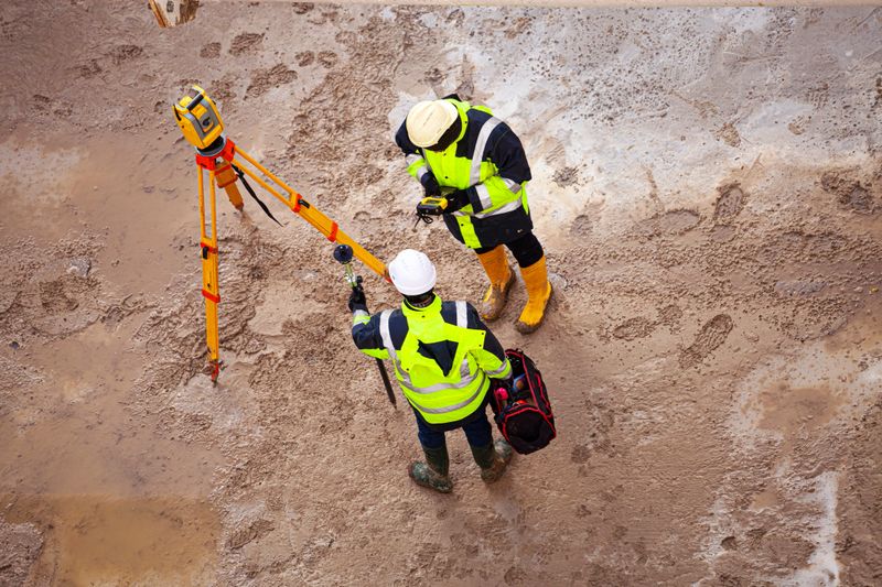 Surveyor at the construction site. View from above