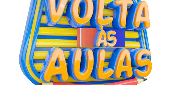 Colorful 3D text saying 'Volta às Aulas' with a pencil and ruler.