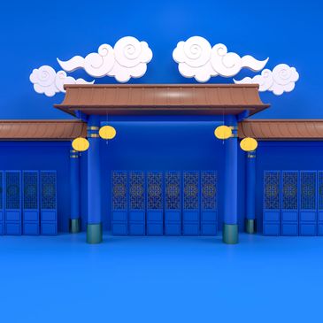 A blue traditional Asian gate with yellow lanterns and stylized clouds above.