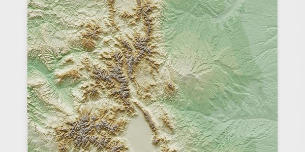 3D topographic map showing mountainous terrain and valleys.
