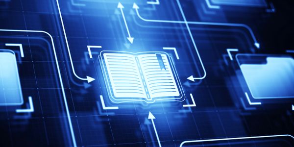 Digital book and folder icons connected in a futuristic blue interface.