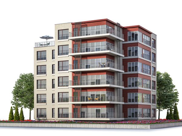 Modern five-story apartment building with balconies and large windows.