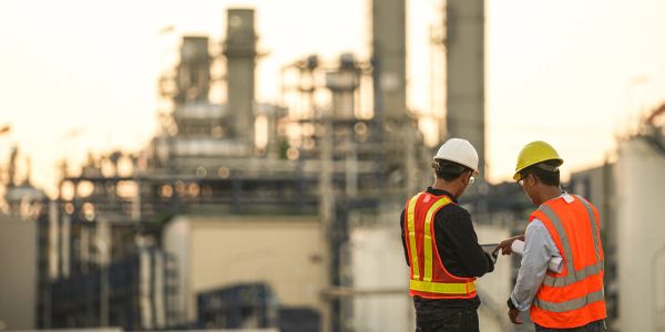 Two workers in safety vests at an industrial site.