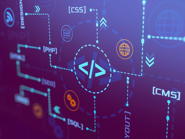 Abstract digital interface showcasing web development technologies and coding symbols.