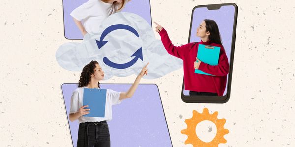 Women appear to argue through digital devices with cloud sync and gears icons.