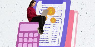 Woman using laptop next to financial icons.