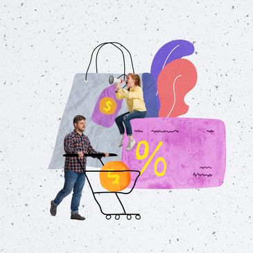 Man pushing a shopping cart with a girl shouting through a megaphone, surrounded by sale symbols.