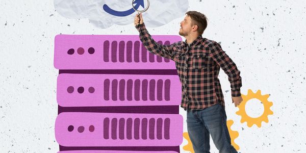Man inspecting cloud storage servers with a magnifying glass.