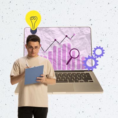 Man with clipboard analyzing data on a laptop.