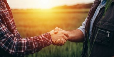 Two people shaking hands outdoors during sunset.