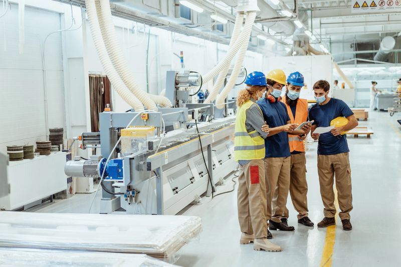 Engineers, architects and blue collar workers in protective clothing working in factory with modern machinery