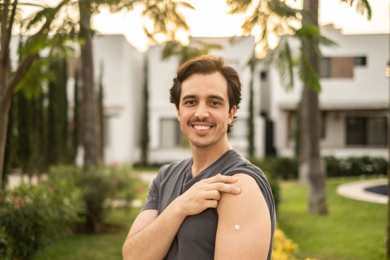 Portrait of a man showing vaccine patch