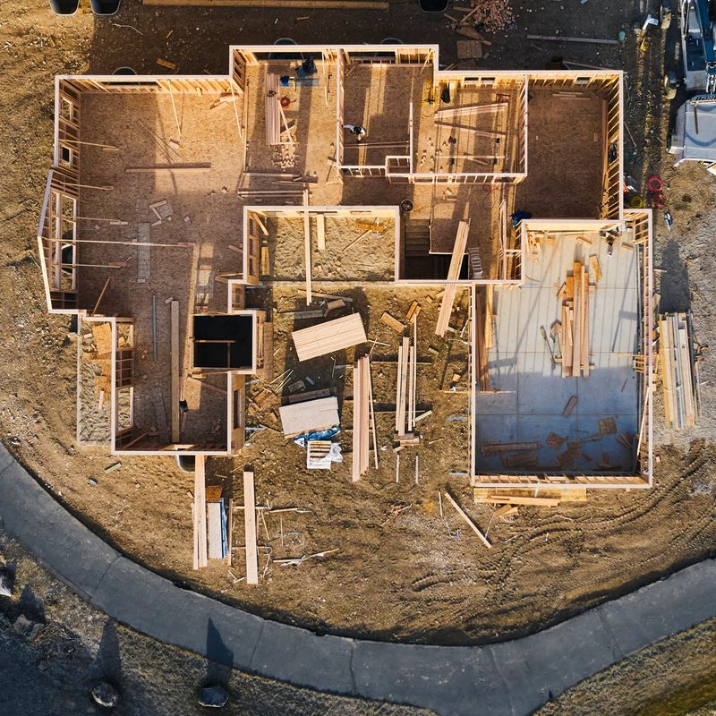 An aerial view of new homes under construction.