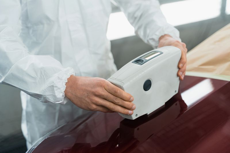 Close-up view of a auto painter determining the exact shade of a car's color using an electronic scanner