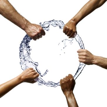 Five hands form a circle with flowing water connecting them.