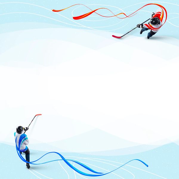 Two hockey players with colorful ribbons on ice rink.