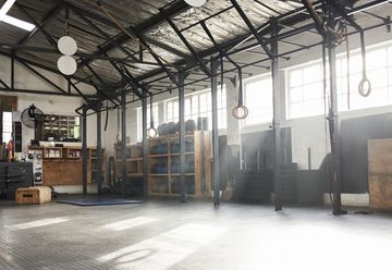 Sunlit gym with gymnastic rings and workout equipment.