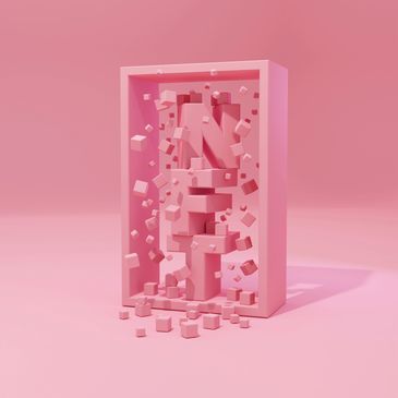 3D pink cubes forming the word "NFT" inside a frame with smaller cubes floating.