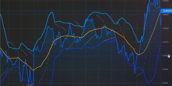 Financial chart showing fluctuating blue and orange lines with data points.