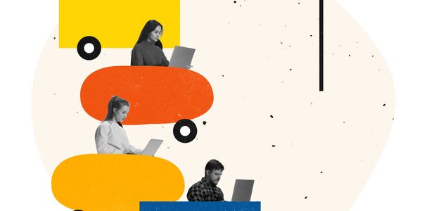 People working on laptops inside colorful car shapes heading to the office.