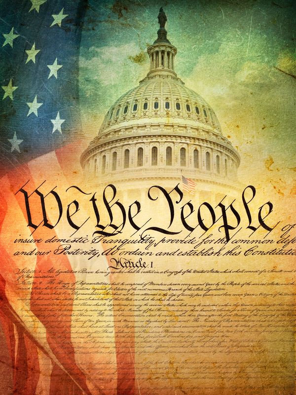 Artistic image featuring the U.S. Capitol, the Constitution, and the American flag.
