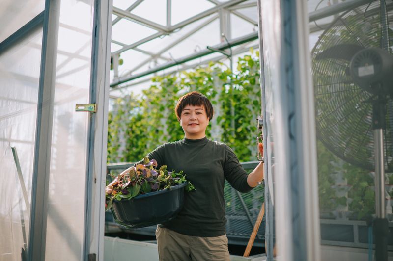 Proud Asian Chinese female Hydroponic Vertical Farm owner standing in front of greenhouse with her harvested vegetables looking at camera smiling in the morning
