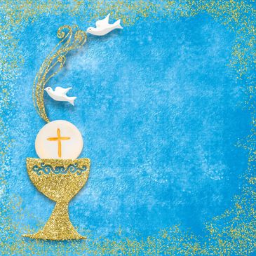Golden chalice and white doves on blue background symbolizing communion.