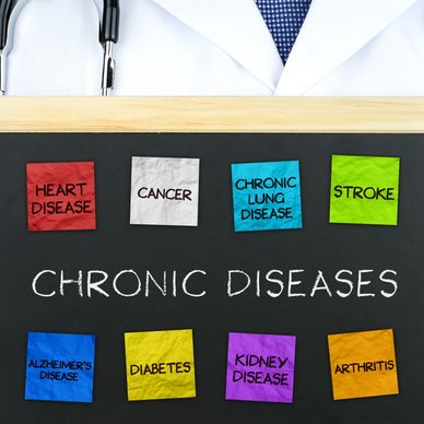 Colorful notes listing common chronic diseases on a blackboard.