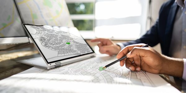 Subdivision plan on mobile device and map with people pointing