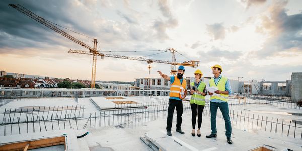 Three construction workers in safety gear discussing plans at a building site.