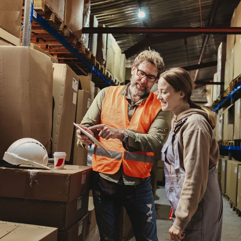 Warehouse workers checking packages in distribution center storage.